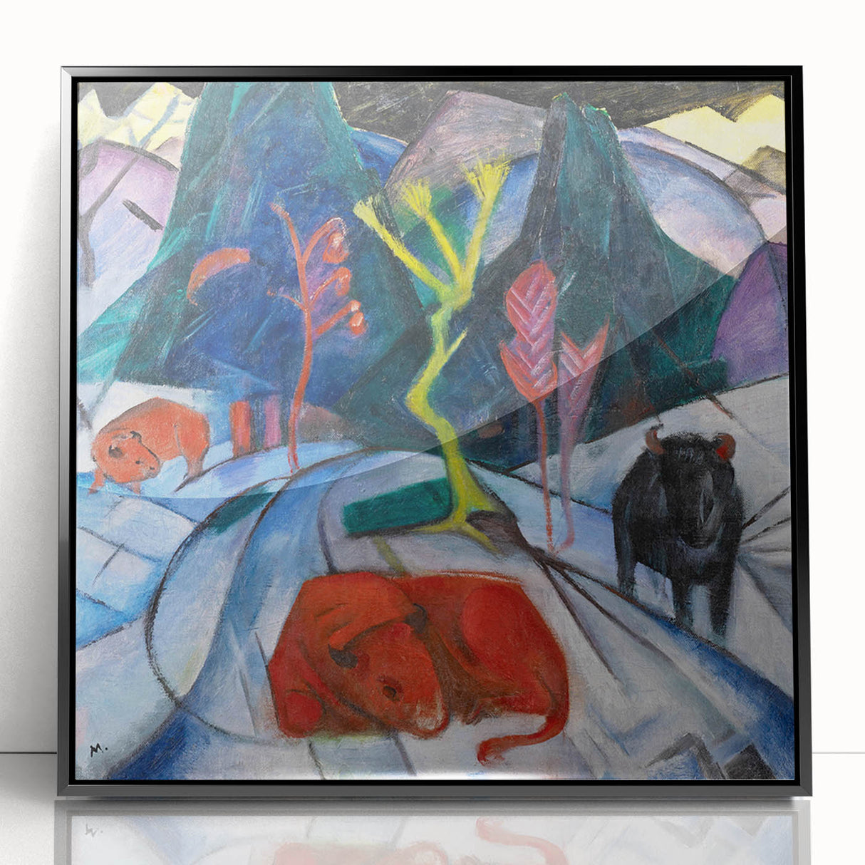 Expressionist Winter Scene – Vibrant Red Bison Abstract Canvas Art