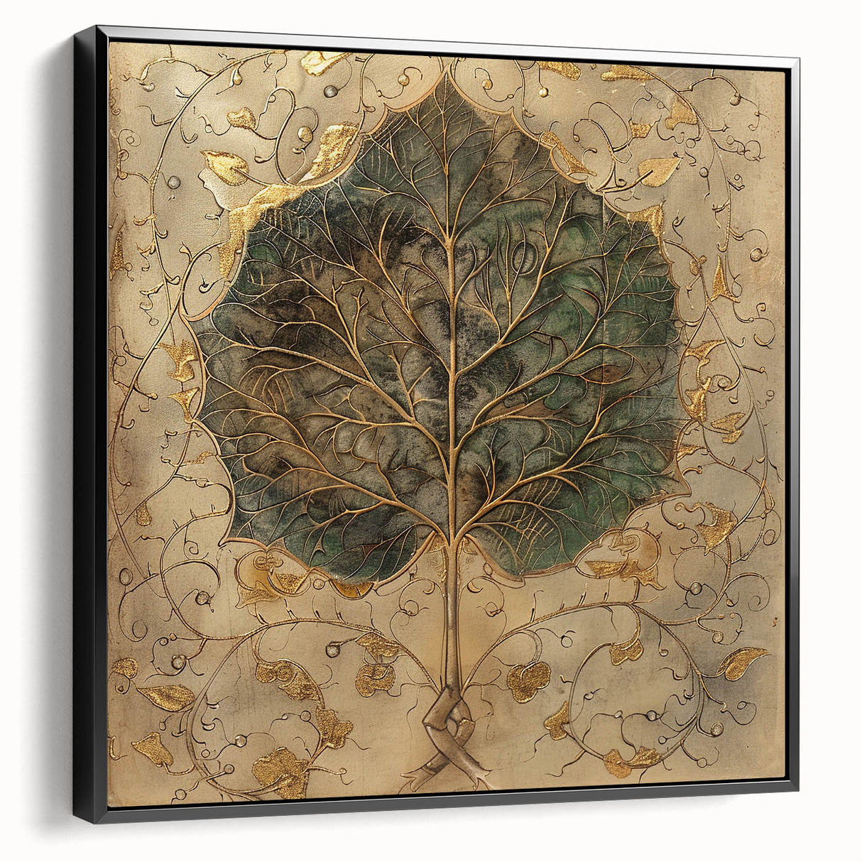 Framed wall art featuring a botanical design of vibrant flowers and leaves on a black background, showcasing a modern aesthetic suitable for contemporary decor.