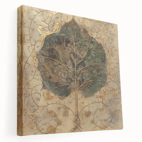 Stretched canvas wall art showcasing vibrant flowers and botanical leaves in a modern design, displayed in a side view to highlight its texture and depth.