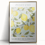 Large art print of colorful fruits on a gold-acrylic framed canvas, in a mid-century modernist style.