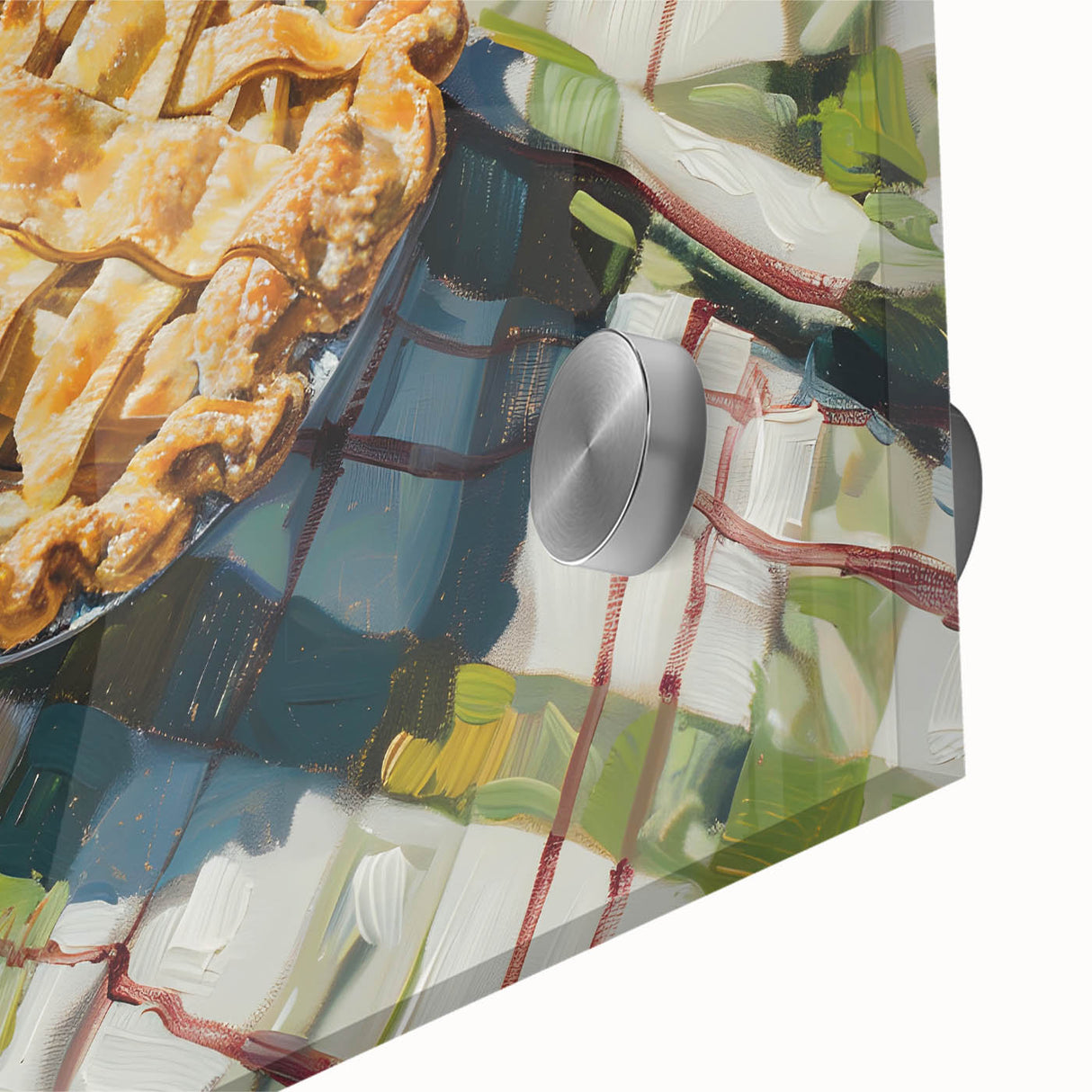 Close-up of large abstract wall art featuring various pastries in vibrant colors on acrylic glass.