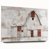 Acrylic glass wall art featuring a vibrant landscape design of a barn, showcasing a side view with decorative pins for hanging. Perfect for rustic home decor enthusiasts.