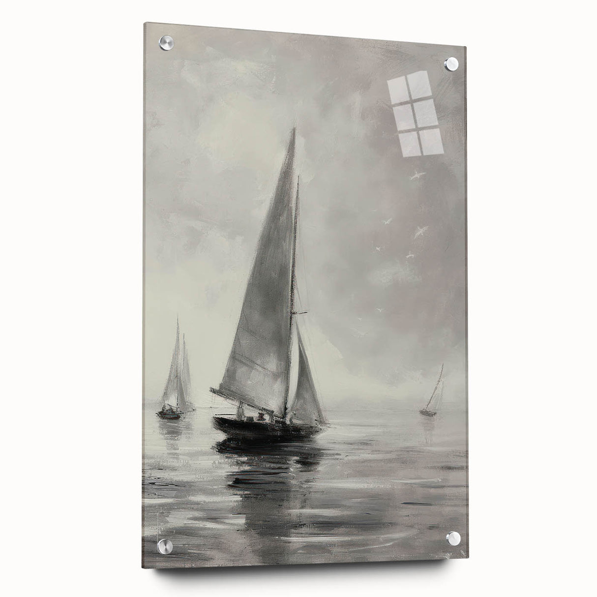 Acrylic landscape art print displayed in a side view, featuring vibrant colors and intricate details, secured with pins on a sleek glass surface, perfect for modern decor.