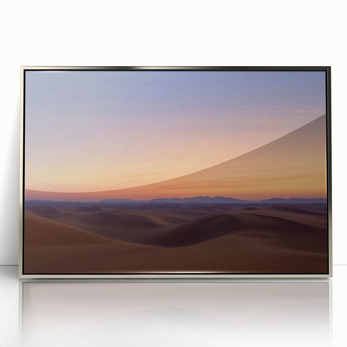 Framed acrylic artwork depicting a serene desert landscape with warm tones, showcasing a silver frame that enhances its modern aesthetic, perfect for home decor.