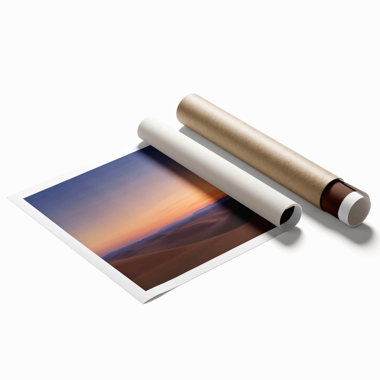 Desert landscape rolled canvas print showcasing vibrant warm tones of red and orange with intricate details, perfect for home decor, packaged securely in a protective tube.