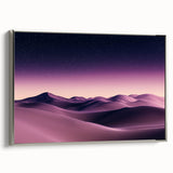 Framed canvas artwork showcasing a serene landscape of sand dunes, highlighted by soft silver accents, perfect for modern home decor. The side view emphasizes the elegant framing and artistic details.