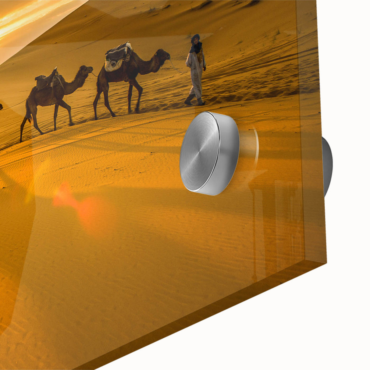 Large abstract wall art depicting a Moroccan landscape in muted earth tones on acrylic glass, ideal for dining room ambiance.