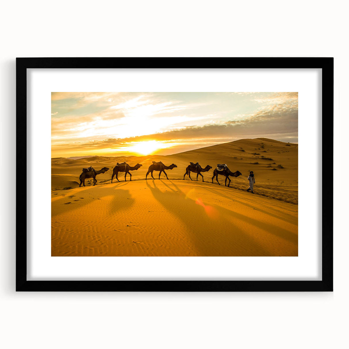 Colorful abstract art print of a Moroccan landscape in vibrant hues on a large framed canvas, ideal for living room decor.