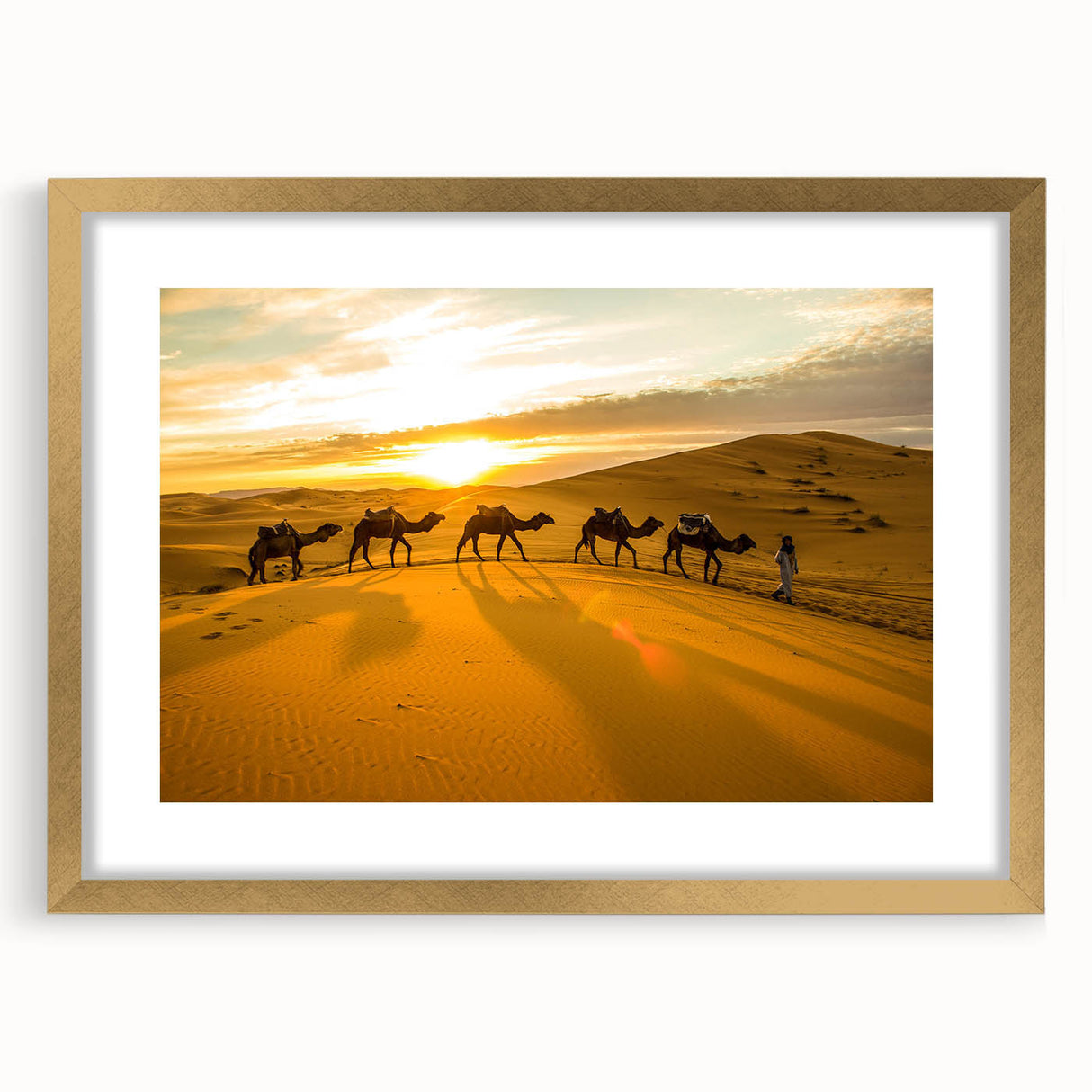 Extra large abstract art print featuring textured Moroccan scenery in gold frame, suited for living room decor.
