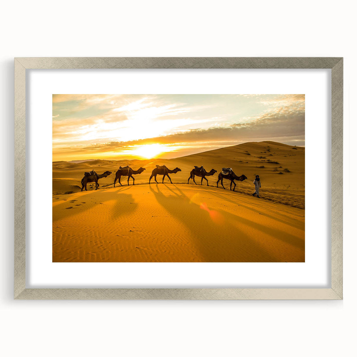 Textured abstract art print of a Moroccan landscape in earthy tones, framed in silver, ideal for bedroom art.