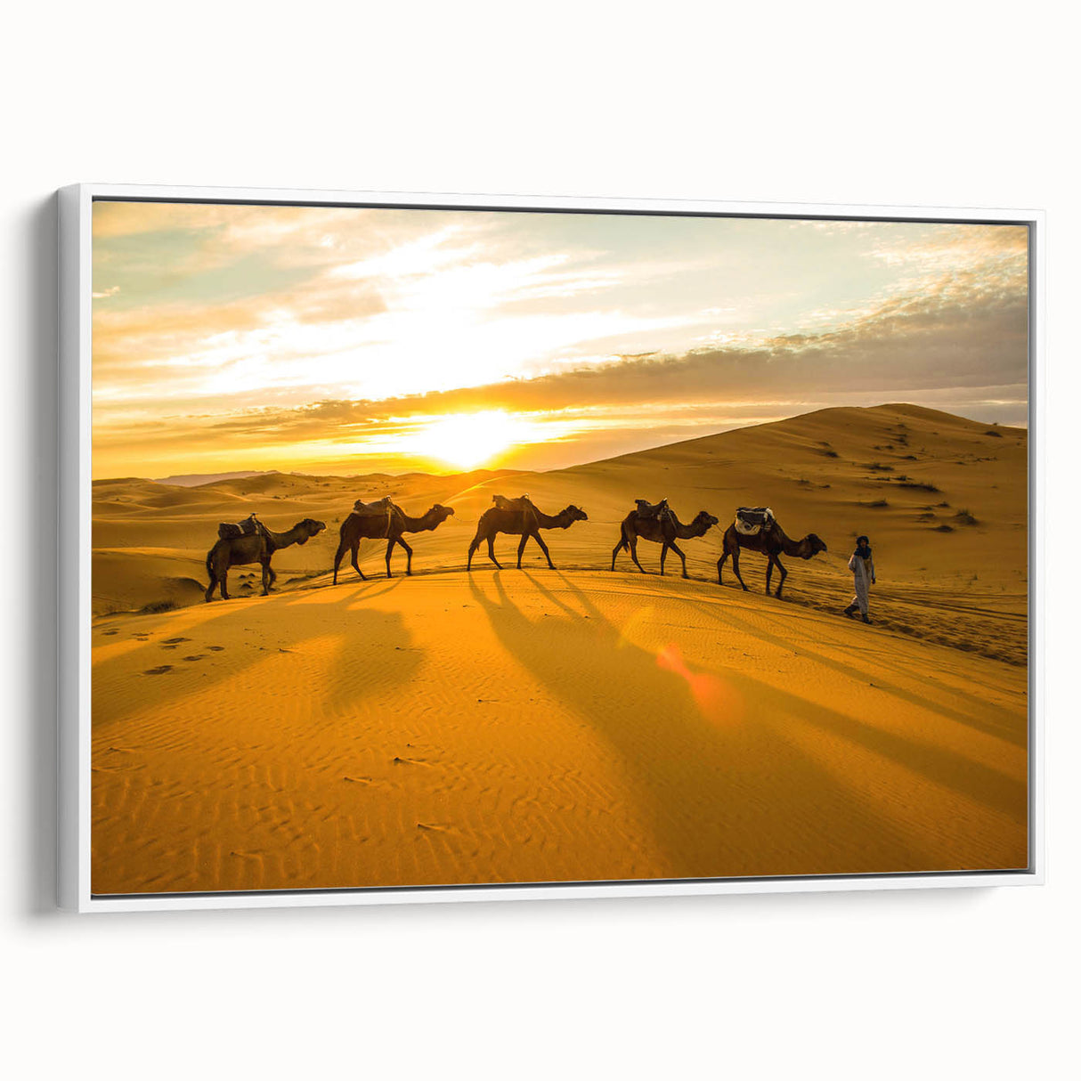Vintage poster art of a Moroccan landscape in vibrant colors on a large framed canvas, ideal for living room decor.