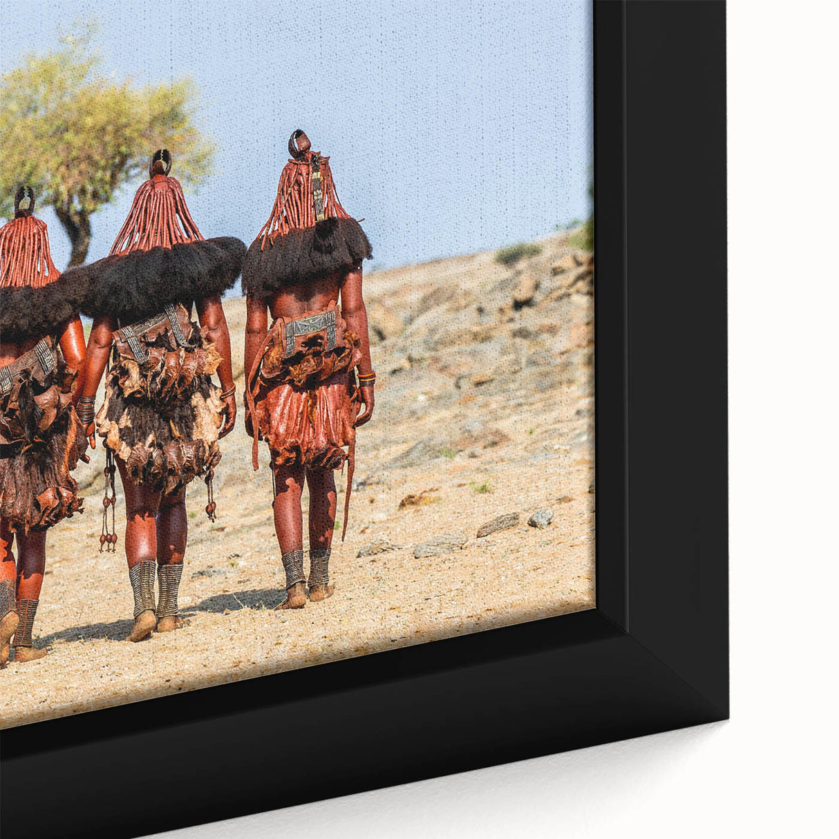 Extra large black wall art depicting a textured African scenery in vibrant colors on a framed canvas.