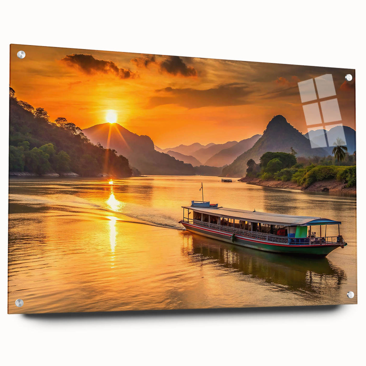 Acrylic glass print of a serene Laotian landscape in muted green and blue tones, suited for bedroom or dining room decor.
