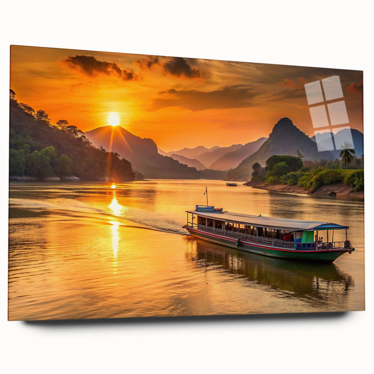 Large abstract wall art featuring a serene Laos scenery in muted earth tones on acrylic glass.