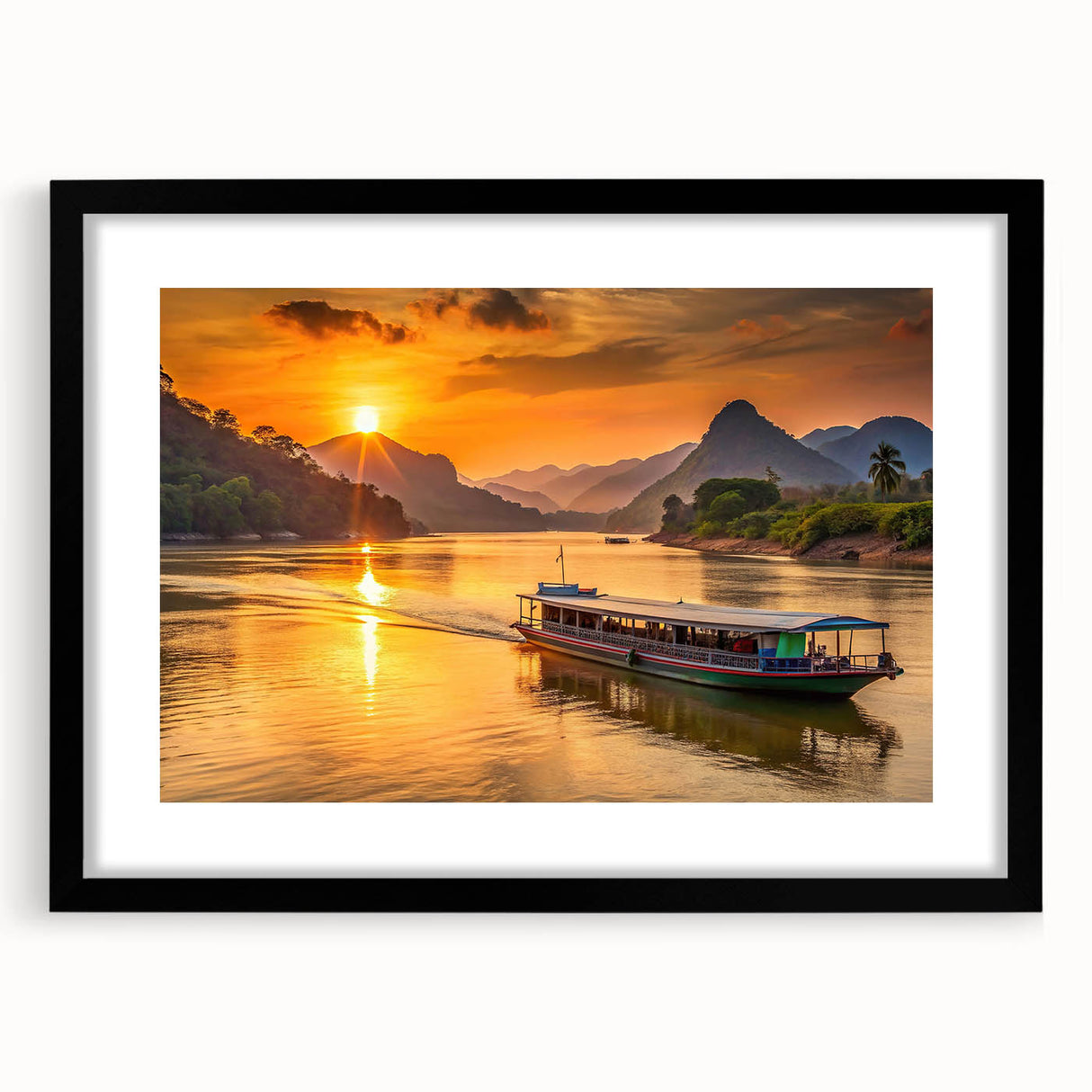 Extra large abstract art print depicting a vibrant, colorful Laotian landscape on a textured canvas, framed in black.