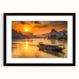 Extra large abstract art print depicting a vibrant, colorful Laotian landscape on a textured canvas, framed in black.