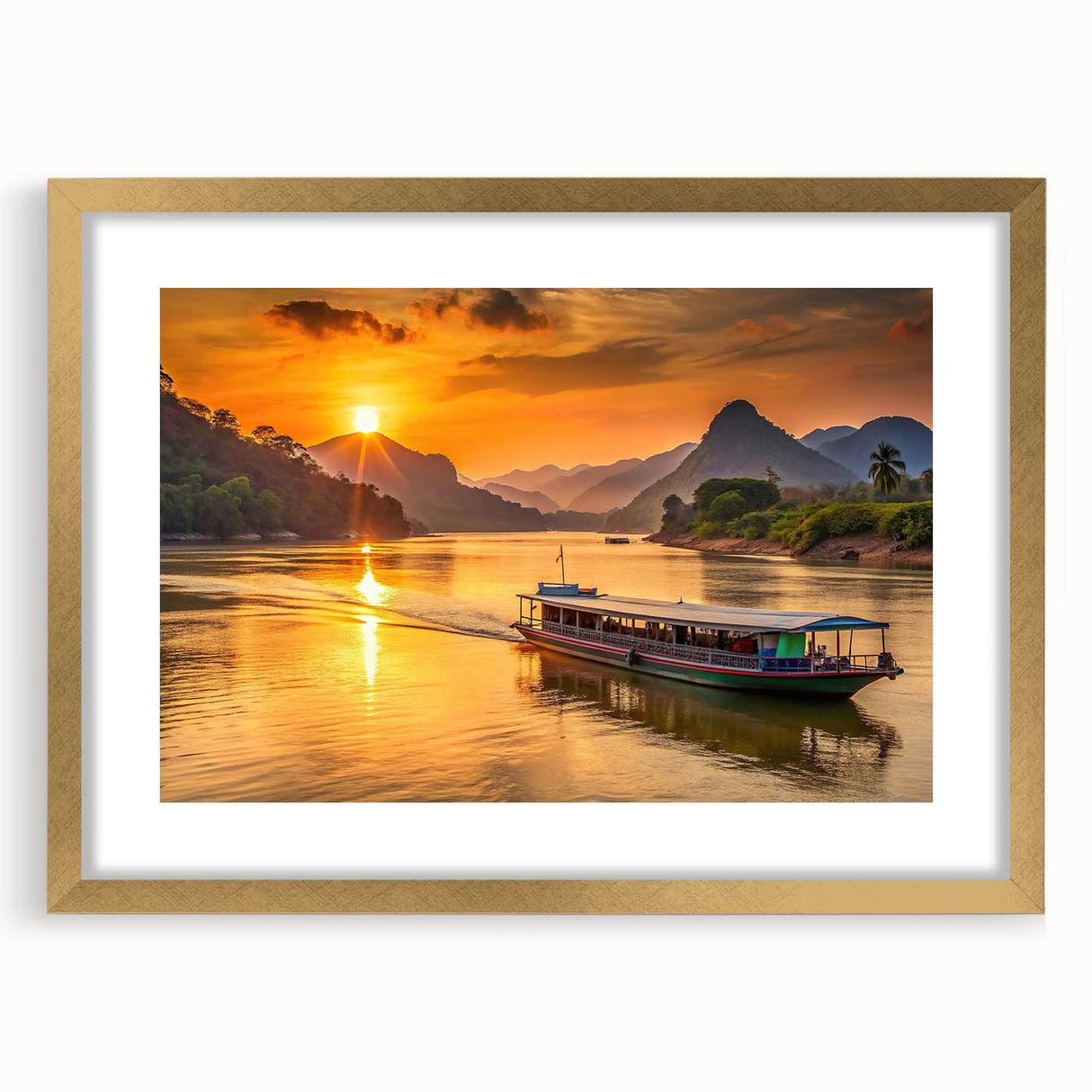 Extra large abstract art print of a textured Laos scenery in muted earth tones, framed in gold, ideal for living room decor.