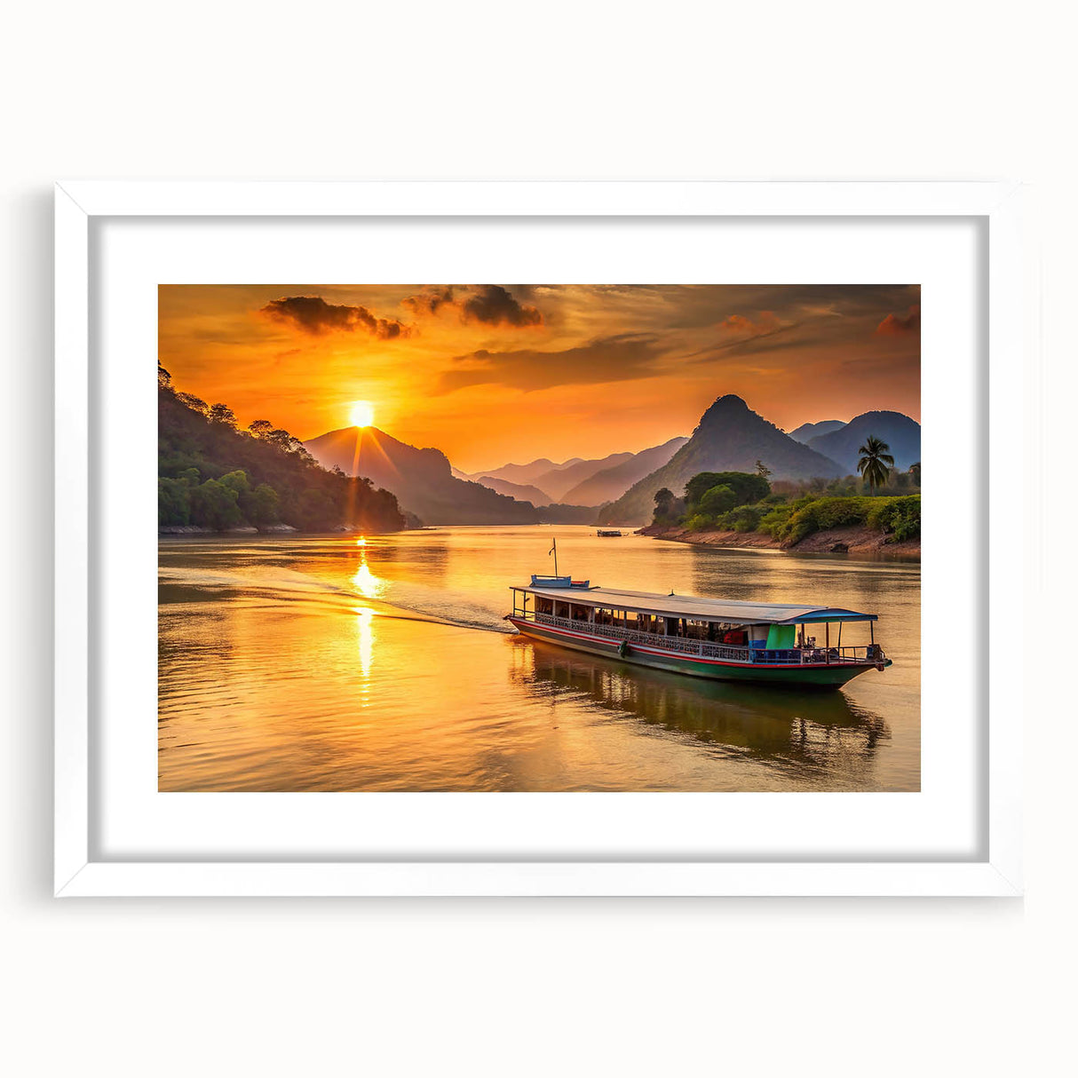 Abstract art print of a Laos scenery in muted earth tones, framed with a white mat, suitable for dining room decor.