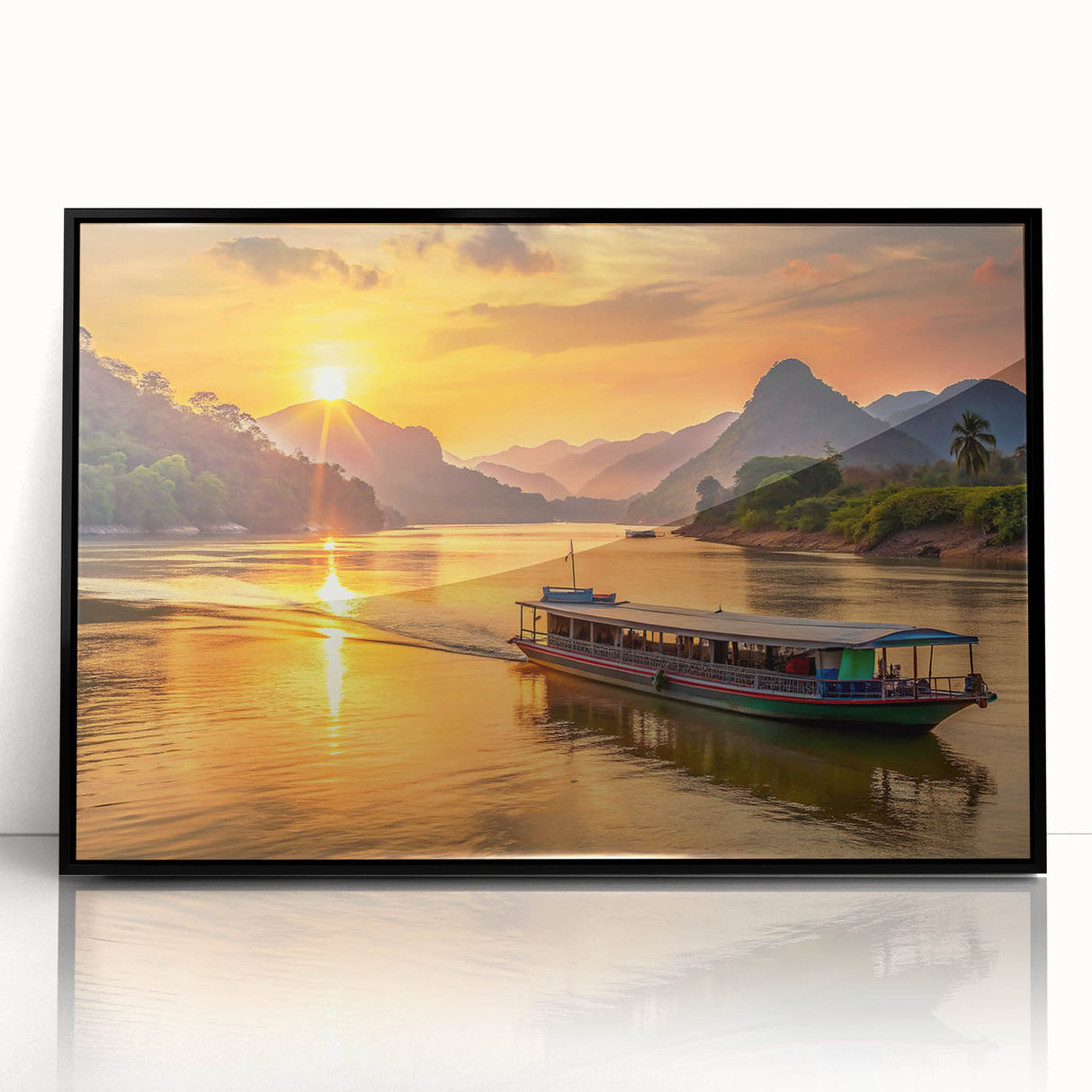 Large abstract wall art featuring a serene Laotian landscape in muted earth tones, framed in black acrylic.