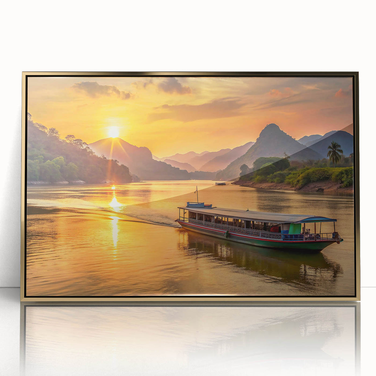Framed acrylic print of a Laos landscape in gold tones, ideal for modern art wall decor.