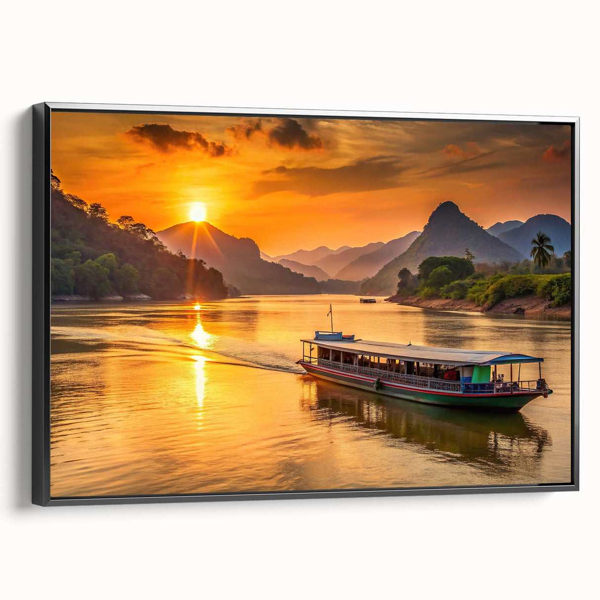 Black and white landscape art painting of a serene Laos scenery on framed canvas, suitable for bedroom wall decor.