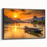 Black and white landscape art painting of a serene Laos scenery on framed canvas, suitable for bedroom wall decor.