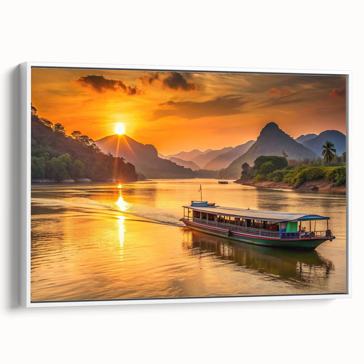 Vintage poster art of a scenic Laos landscape in vibrant colors on a large framed canvas, ideal for living room decor.