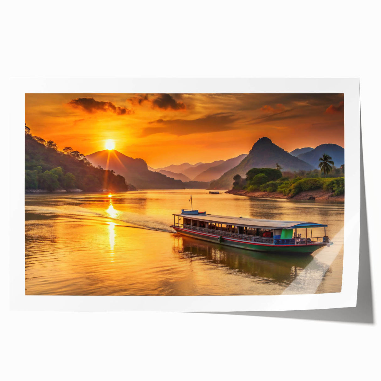 Extra large rolled print depicting a serene Laos landscape with lush greenery and floral elements.