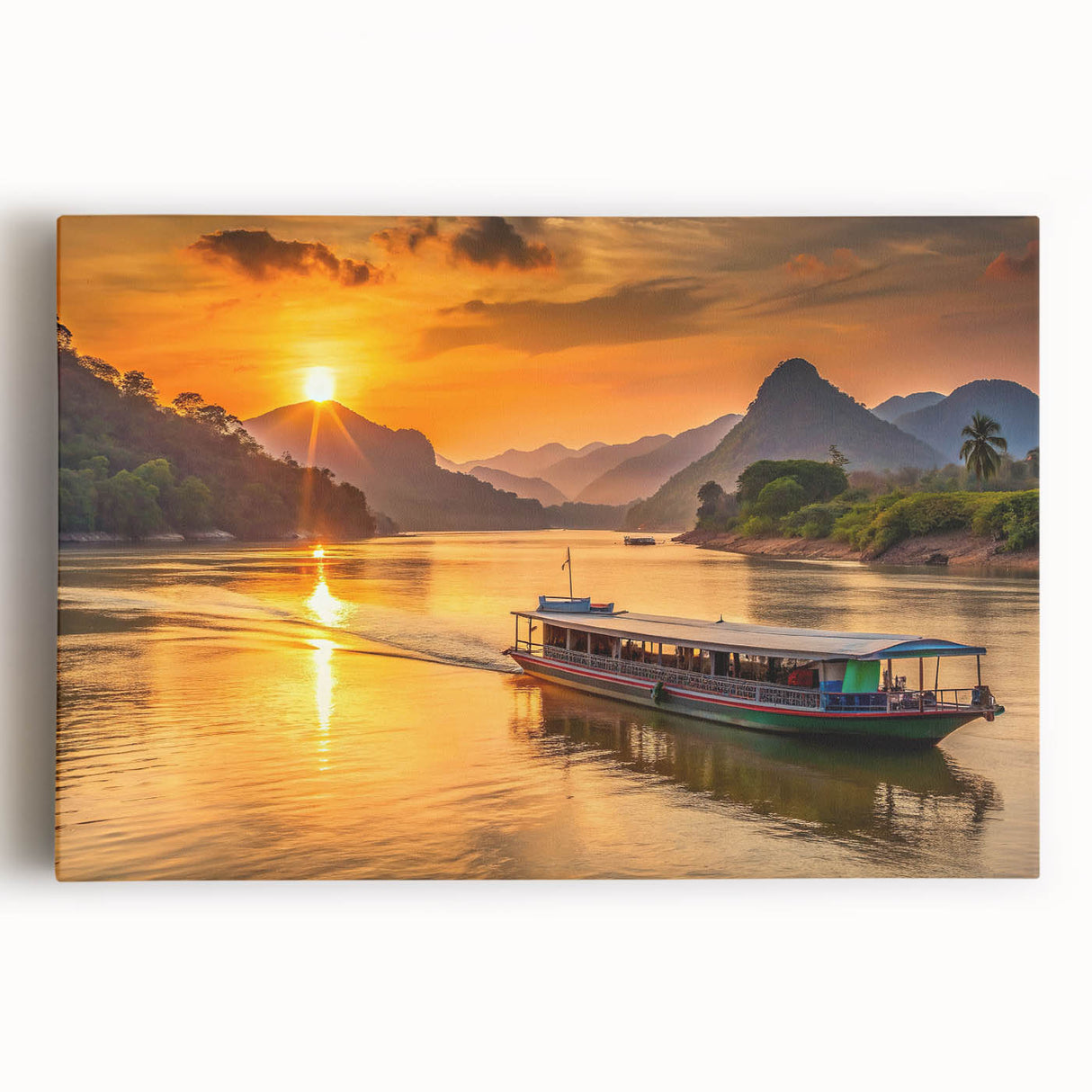 Black and white photograph of a serene Laotian landscape on large stretched canvas, ideal for kitchen wall art.