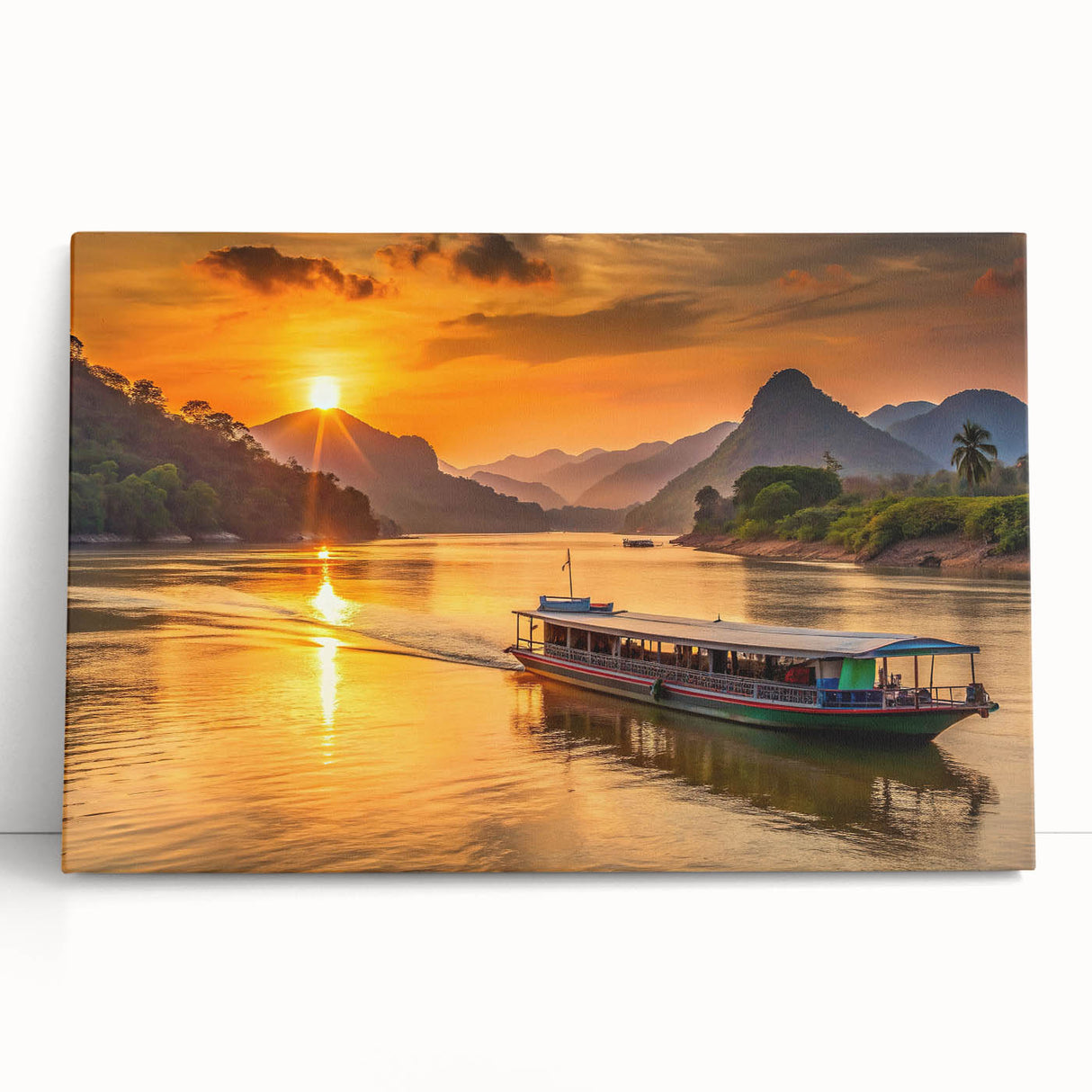 Black and white photograph of a serene Laos landscape on stretched canvas, ideal for kitchen wall art or bedroom ambiance.
