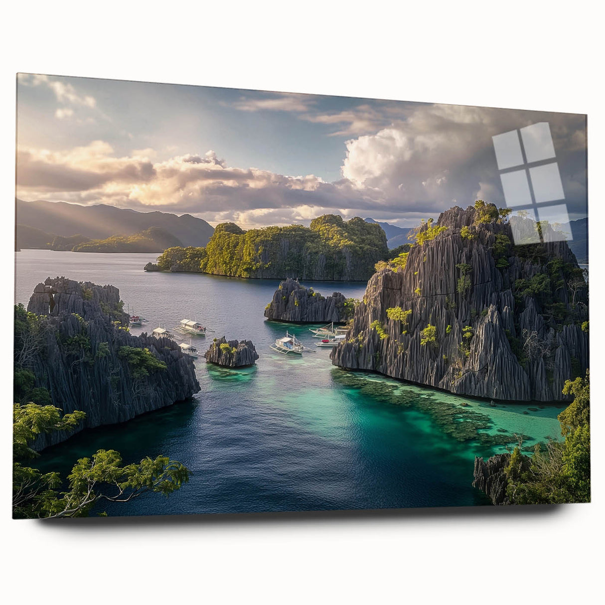 Large abstract wall art featuring a serene Philippine landscape in muted green and blue tones on acrylic glass.