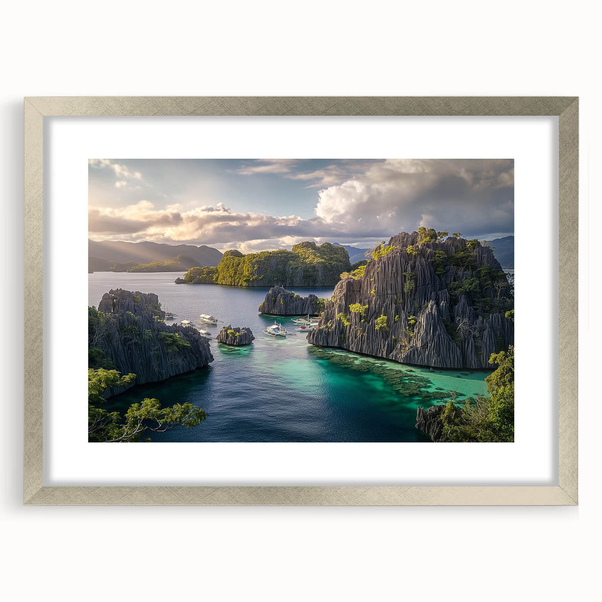 Textured art depicting an abstract scenery of the Philippines in muted earth tones, presented in a silver frame with mat.