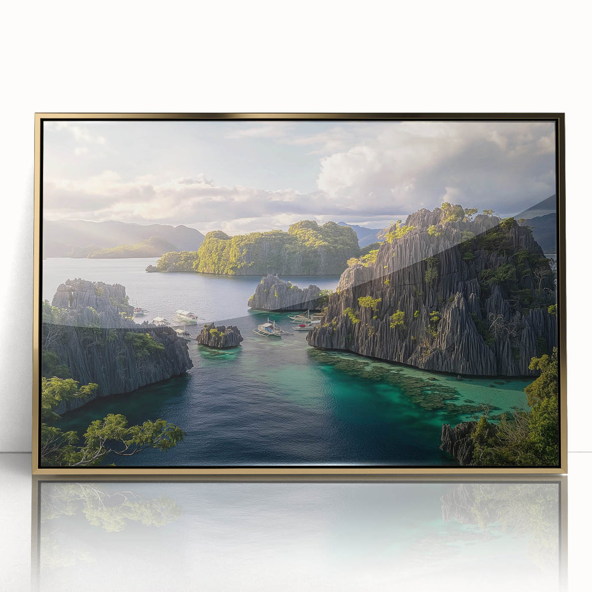 Framed acrylic print of a serene Philippine landscape in muted earth tones, ideal for modern art wall decor.