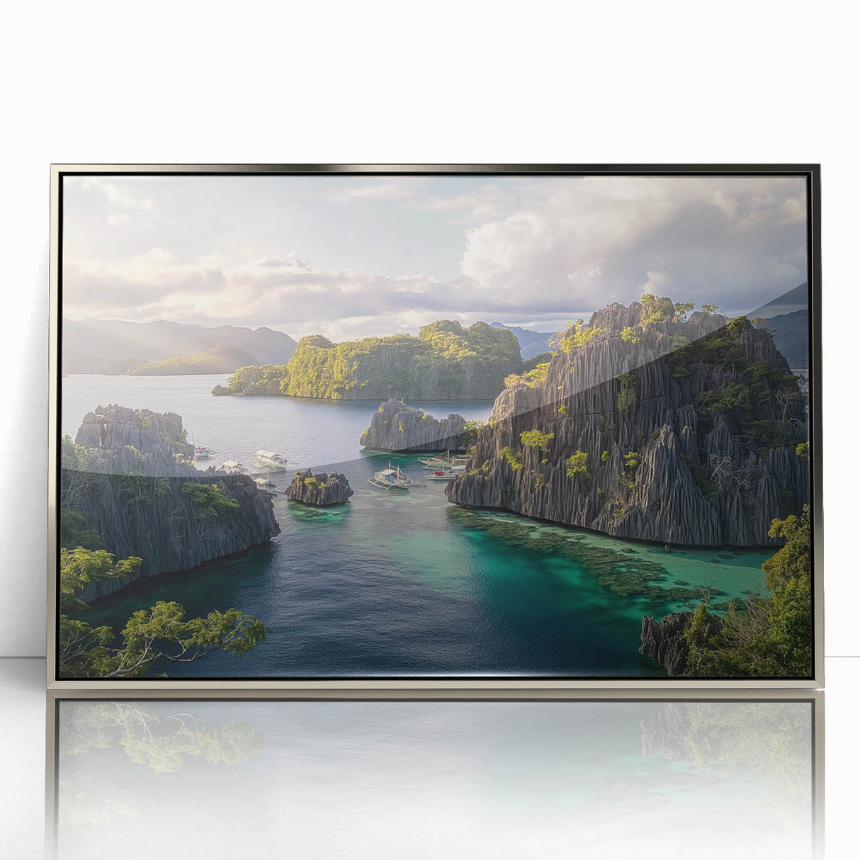 Mid-century modernist art depicting a serene Philippine landscape in muted earth tones, silver-framed acrylic.