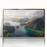 Mid-century modernist art depicting a serene Philippine landscape in muted earth tones, silver-framed acrylic.