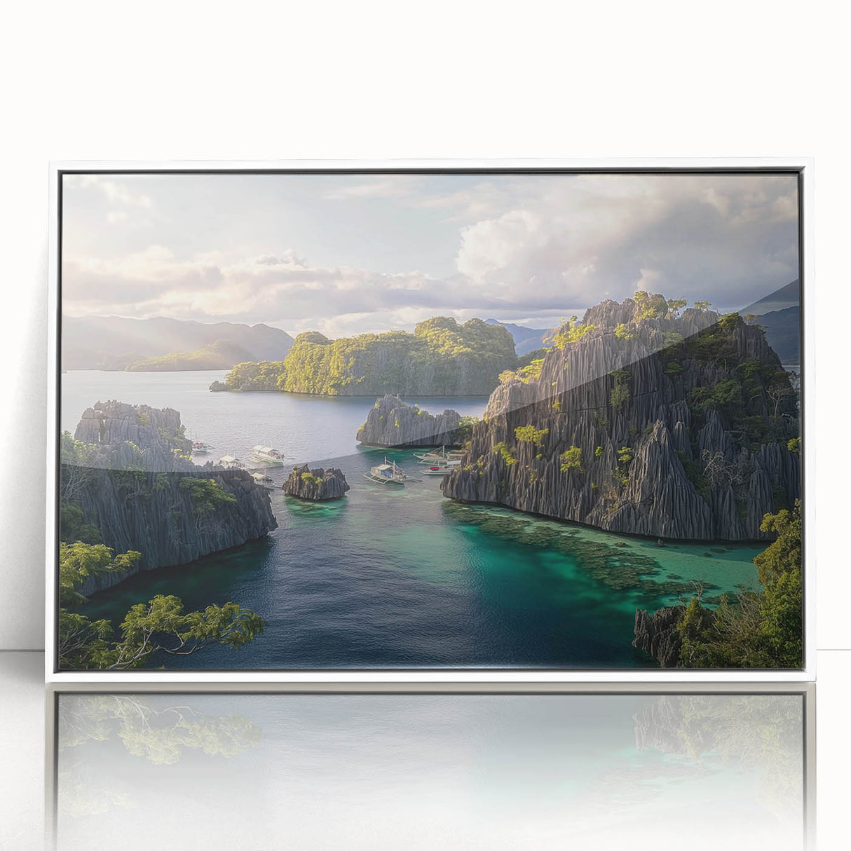 Acrylic print of a serene Philippine landscape in pastel colors, framed in white, suitable for modern art wall decor.