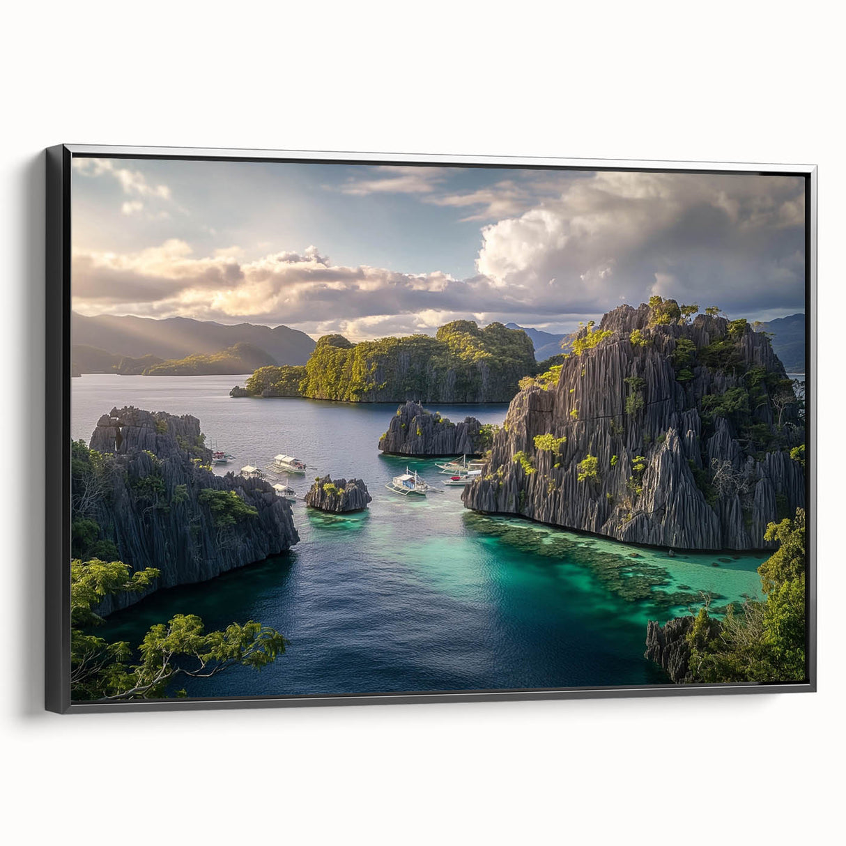 Black and white vintage poster art of a Philippine landscape on framed canvas, suitable for bedroom decor.
