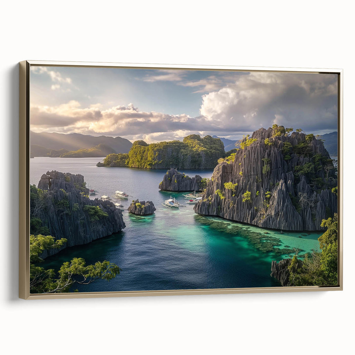 Framed canvas featuring a vintage-style landscape painting of a Philippine scenery in muted gold and black.