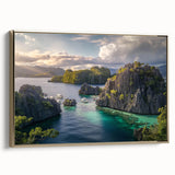 Framed canvas featuring a vintage-style landscape painting of a Philippine scenery in muted gold and black.
