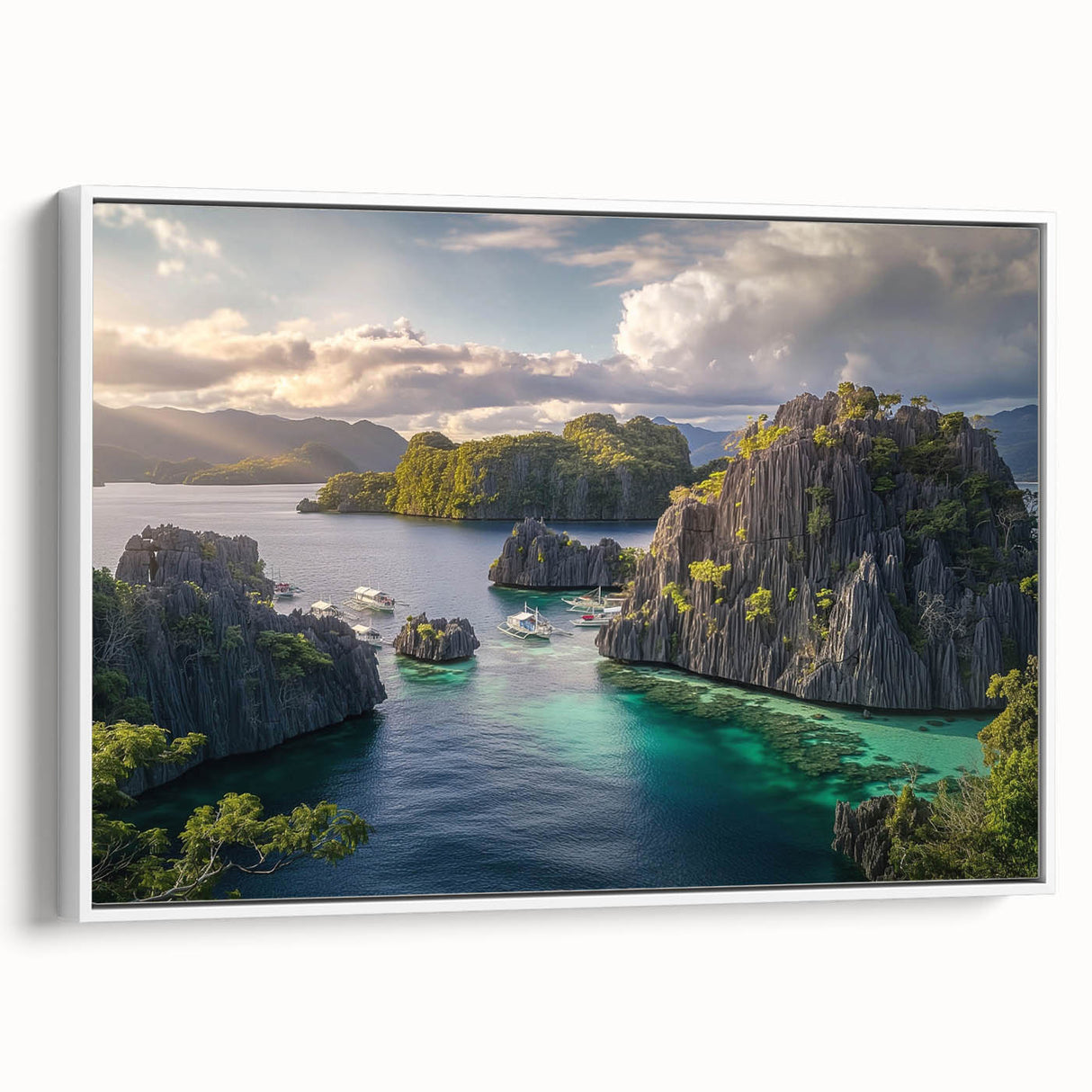 Vintage poster art of a Philippine scenery on framed canvas, featuring vibrant colors, ideal for living room decor.