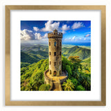 Abstract art print of a Caribbean seascape in vibrant blue and turquoise hues, framed in gold, ideal for dining room decor.