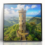 Large abstract wall art depicting a serene Caribbean scenery in muted blue and green tones on a black framed acrylic print.