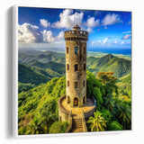 Vintage poster art of a Caribbean scenery in vibrant colors on a framed canvas, ideal for living room decor.