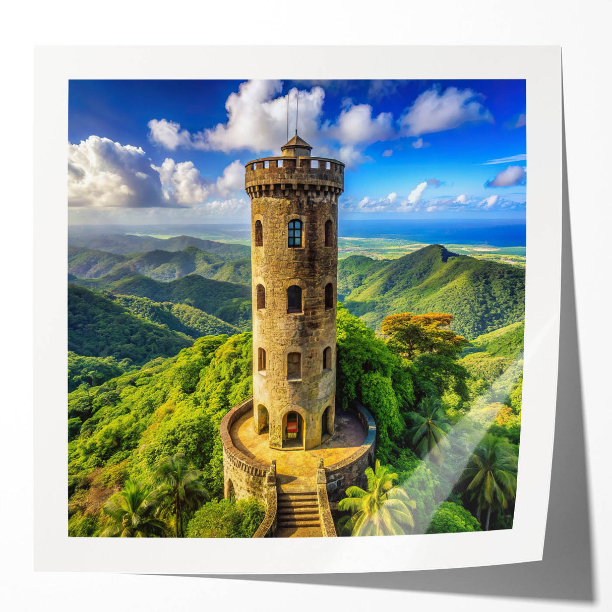 Extra large rolled print of a Caribbean scenery with vibrant blue and green tones, ideal for art wall dining room.
