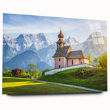 Acrylic print of a European landscape in muted green and blue tones, ideal for bedroom or dining room art.