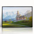 Large abstract wall art depicting a European Austrian scenery in muted earth tones on a framed acrylic.