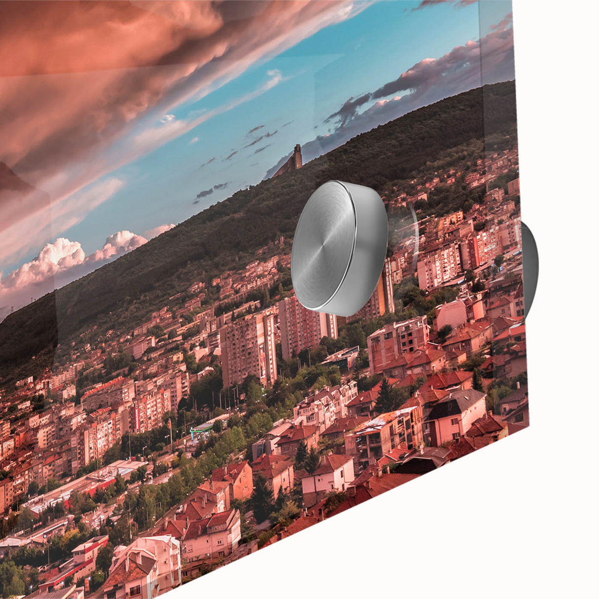 Large abstract wall art depicting a Bulgarian landscape in mid-century modernist style on acrylic glass.