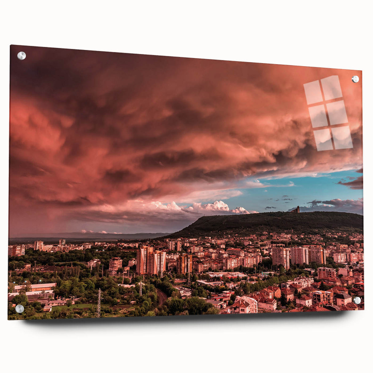 Acrylic print of a large abstract depiction of a European scenery in muted earth tones.