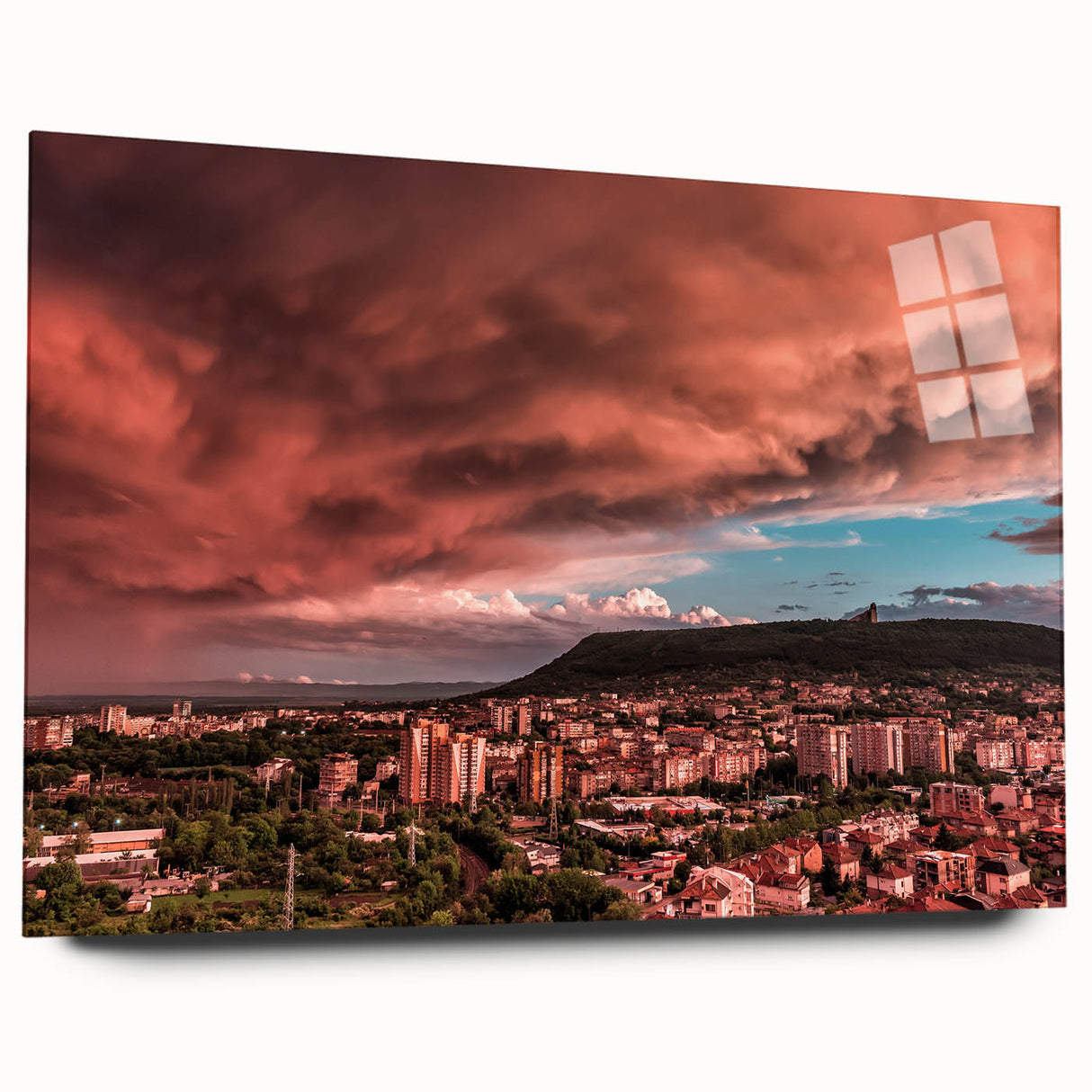 Large abstract wall art depicting a scenic European landscape in muted earth tones on acrylic glass.