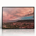 Large abstract wall art depicting a European Bulgarian scenery in muted earth tones, framed in black acrylic.